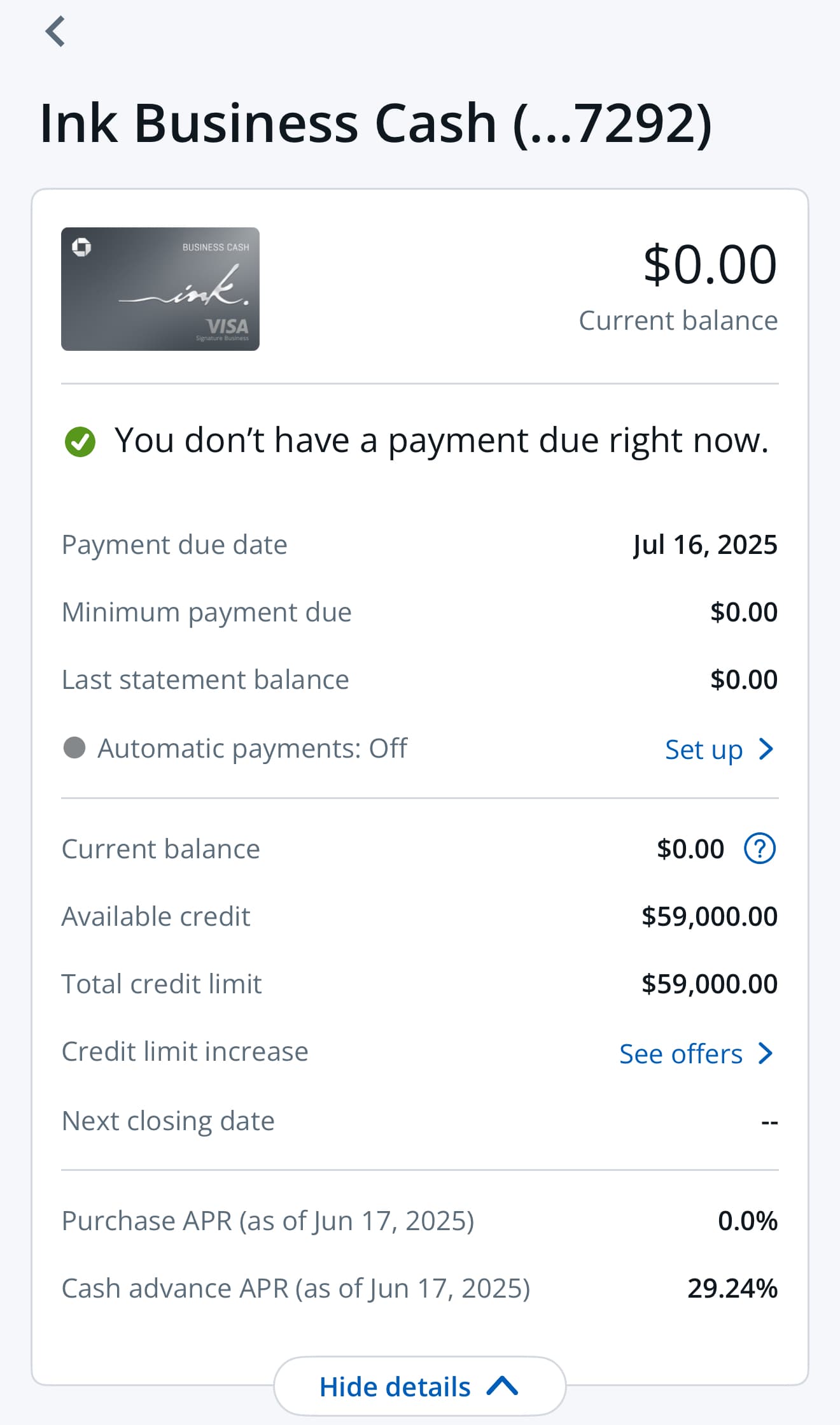 Chase Ink Business Cash — límite de crédito $59,000, APR de compras 0.0%.