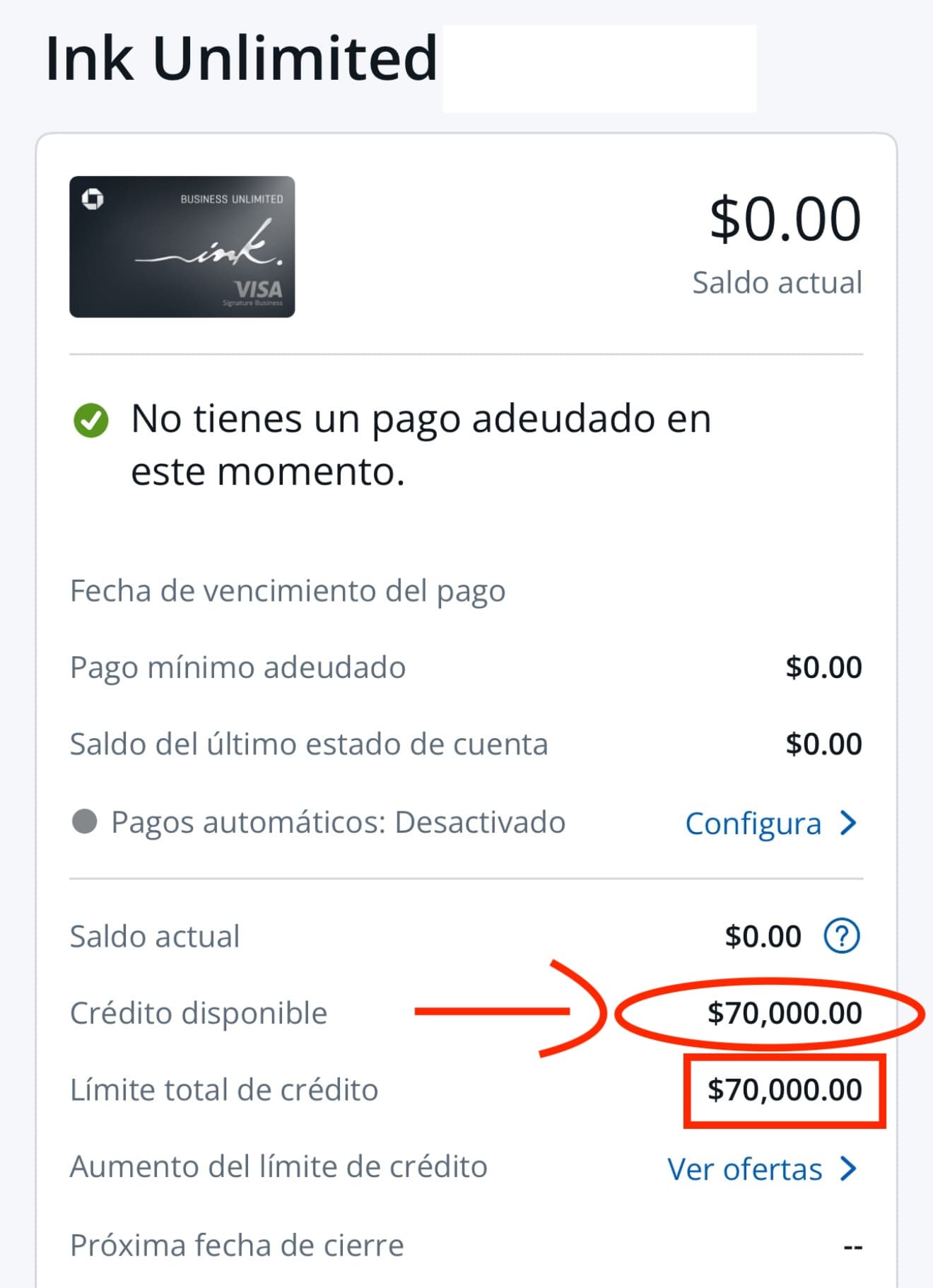 Chase Ink Business Unlimited — límite total de crédito $70,000.
